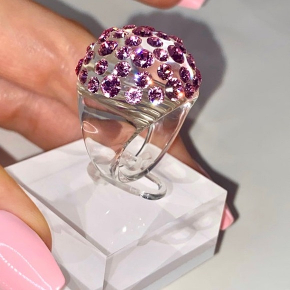 Pink Swarovski Crystal Acrylic Dome Ring, Lucite Clear Statement Ring - Picture 10 of 13